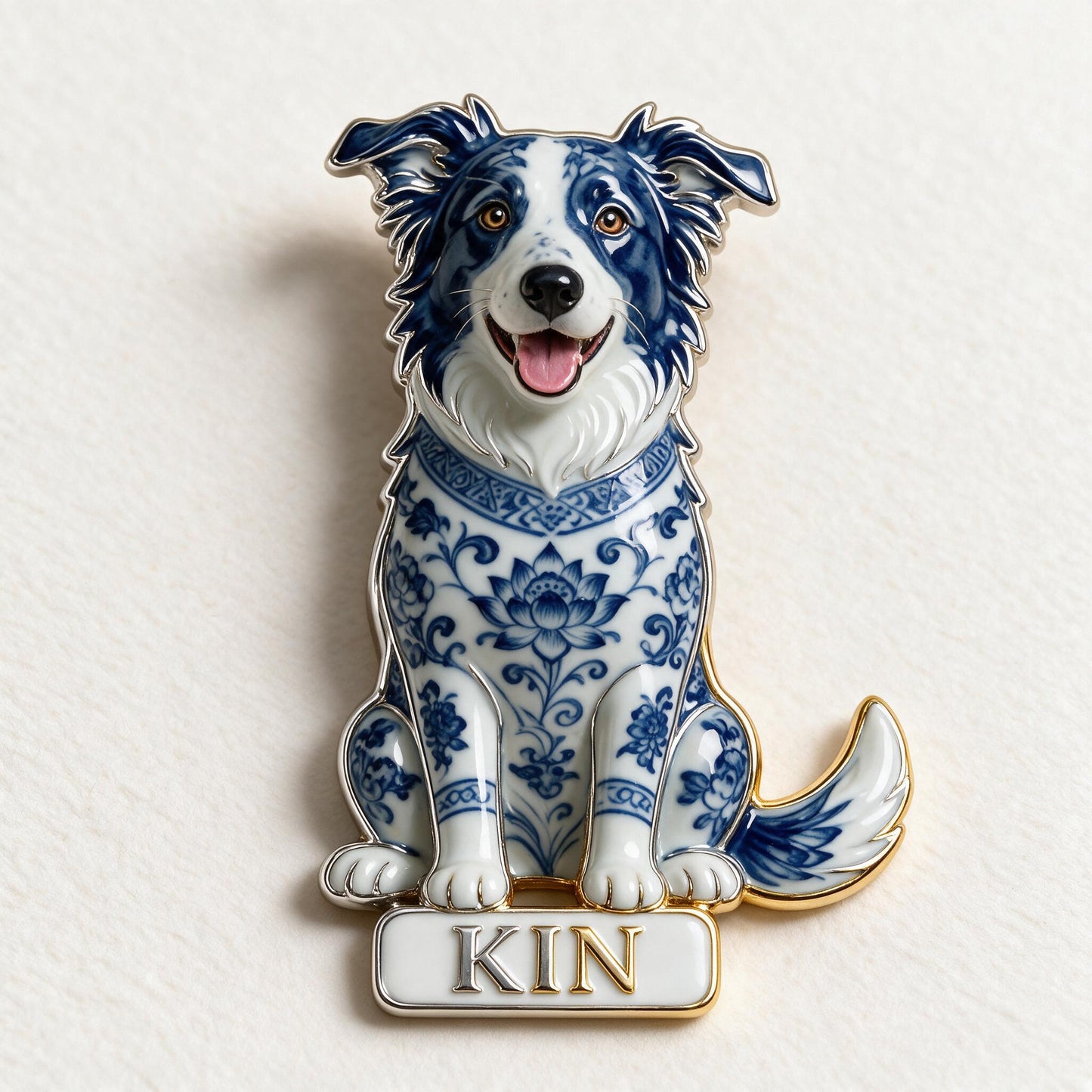 Épinglette en Émail Émaillée 3D en Porcelaine Bleue et Blanche, Cadeau Personnalisé pour Amateurs de Border Collie