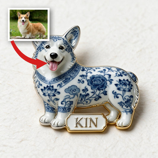 Épinglette Émaillée Personnalisée Corgi Gallois 3D en Porcelaine Bleue et Blanche, Cadeau Collectible pour Propriétaires de Corgi