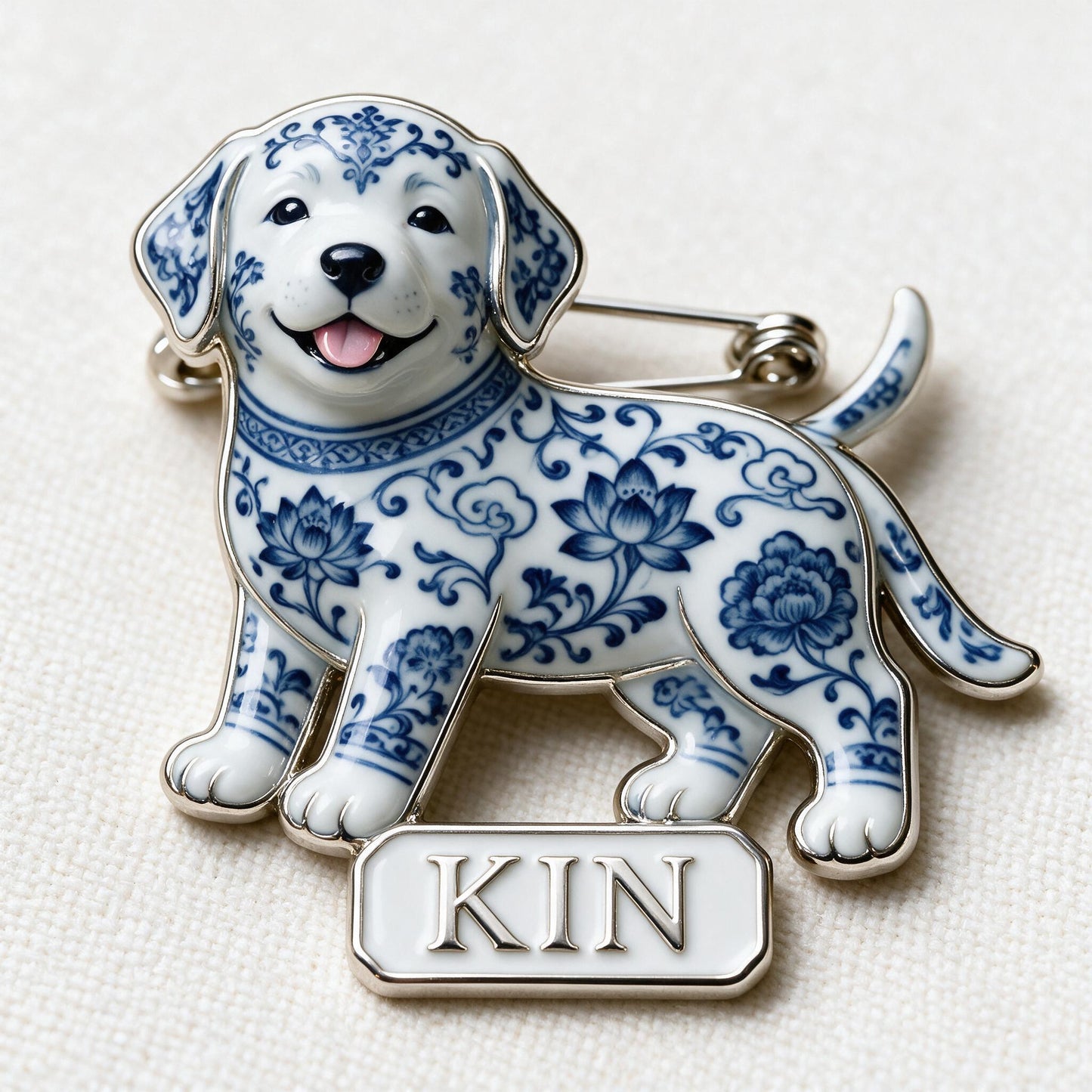 Niedliche personalisierte blaue & weiße Porzellan Labrador Retriever Welpen 3D-Relief-Emaille-Nadel, Geschenk für Hundeliebhaber
