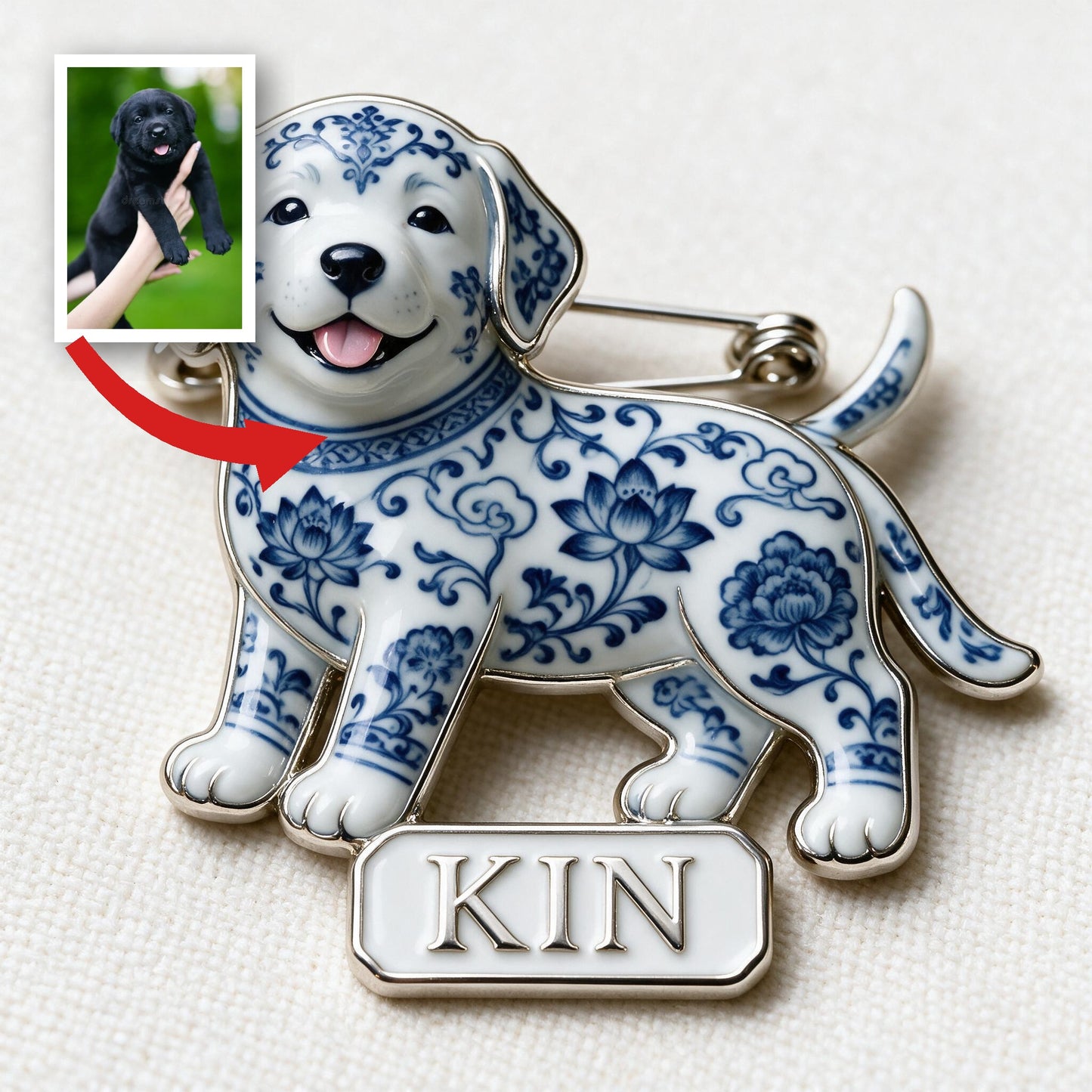 Niedliche personalisierte blaue & weiße Porzellan Labrador Retriever Welpen 3D-Relief-Emaille-Nadel, Geschenk für Hundeliebhaber