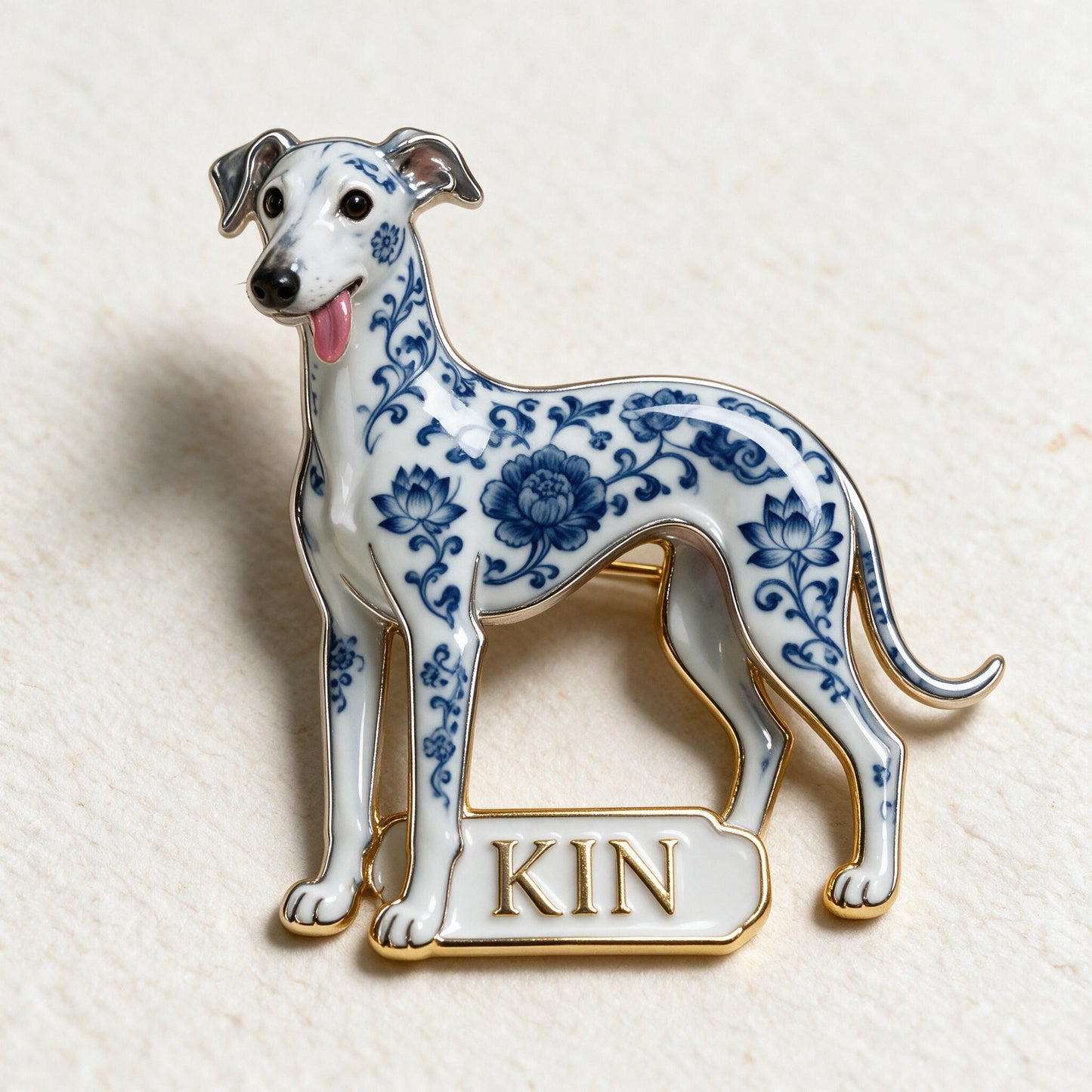 Personalisierte 3D-Relief-Emaille-Nadel mit blau-weißem Porzellan Greyhound, Geschenk für Hundeliebhaber