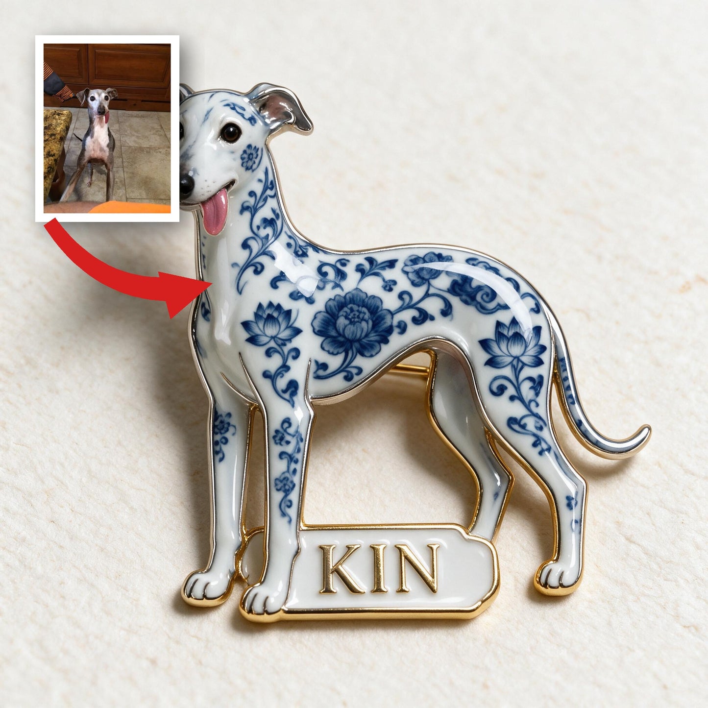 Personalisierte 3D-Relief-Emaille-Nadel mit blau-weißem Porzellan Greyhound, Geschenk für Hundeliebhaber