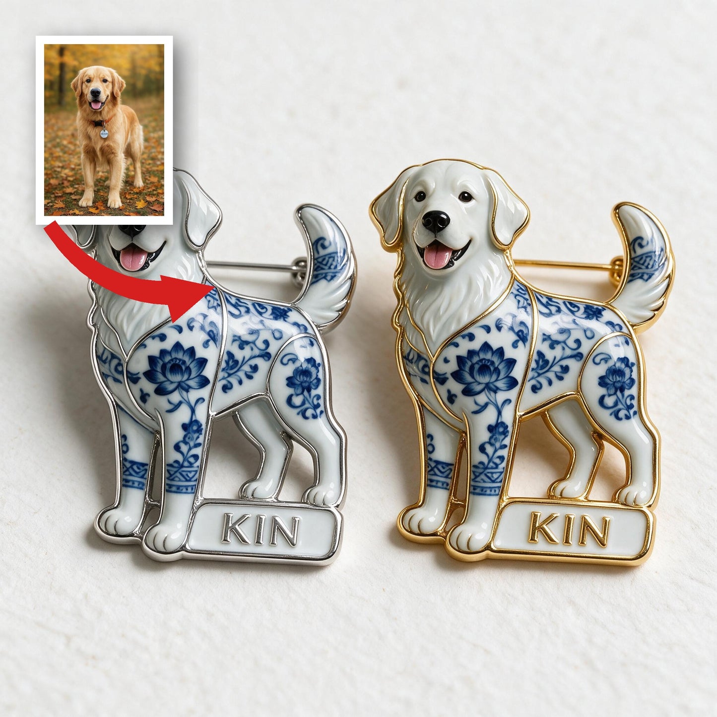 Personalisierte blaue & weiße Porzellan Golden Retriever 3D-Relief Emaille-Anstecknadel, Geschenk für Hundeliebhaber