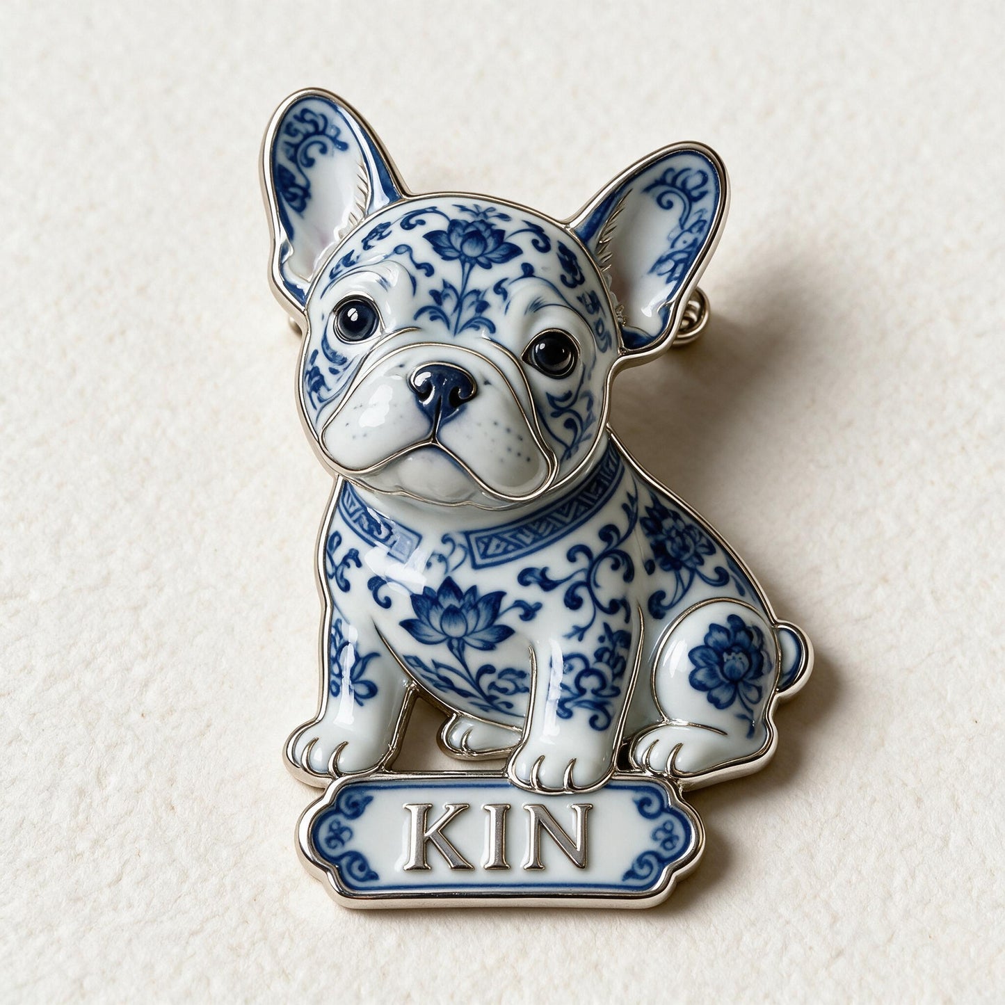 Personalisierte 3D-Relief-Emailleschließe Französische Bulldogge in Blau und Weiß