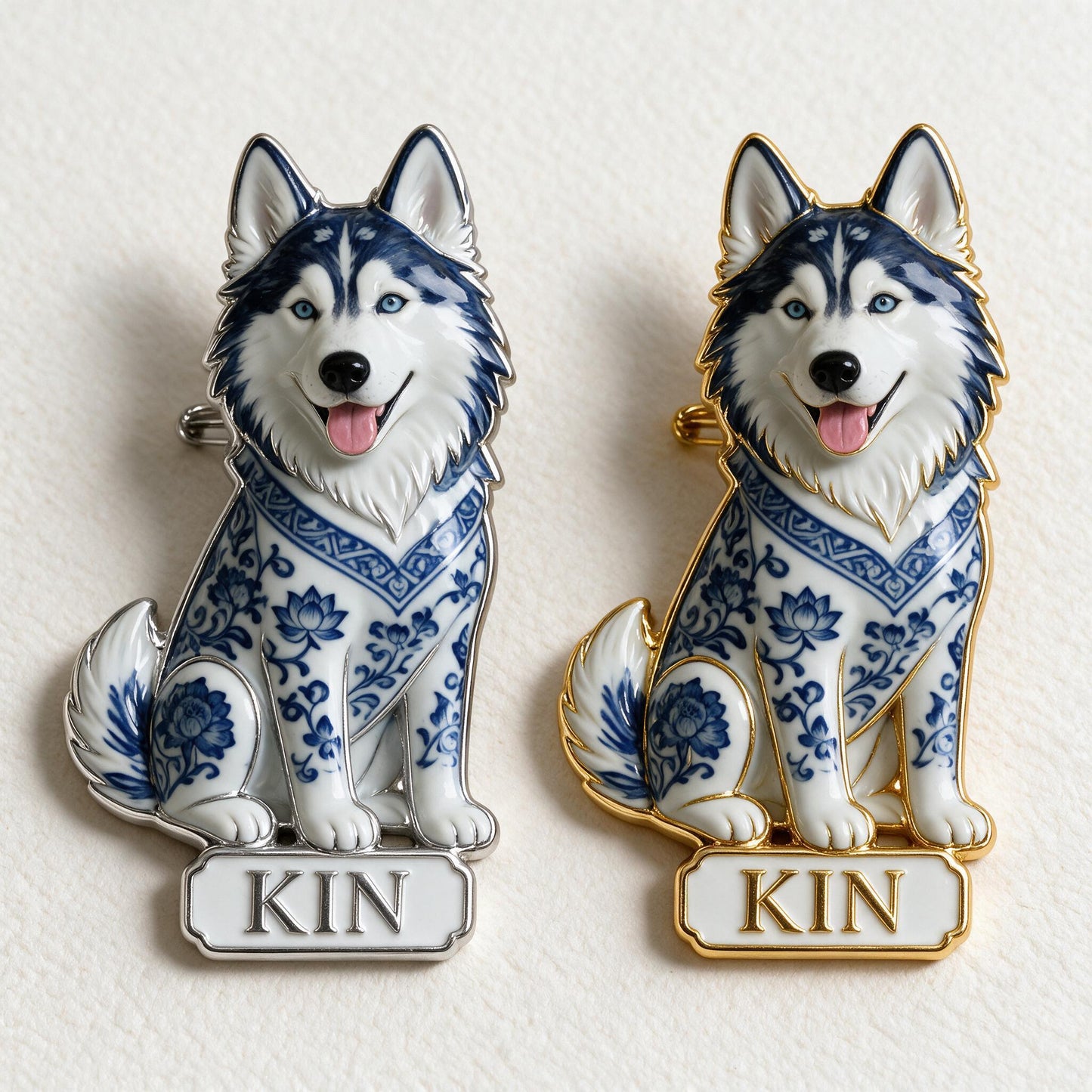 Personalisierte blaue & weiße Porzellan Siberian Husky 3D Relief Emaille-Anstecknadel Geschenk für Hundeliebhaber