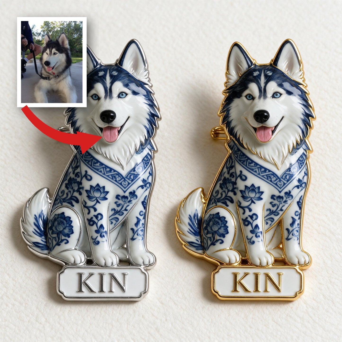 Personalisierte blaue & weiße Porzellan Siberian Husky 3D Relief Emaille-Anstecknadel Geschenk für Hundeliebhaber