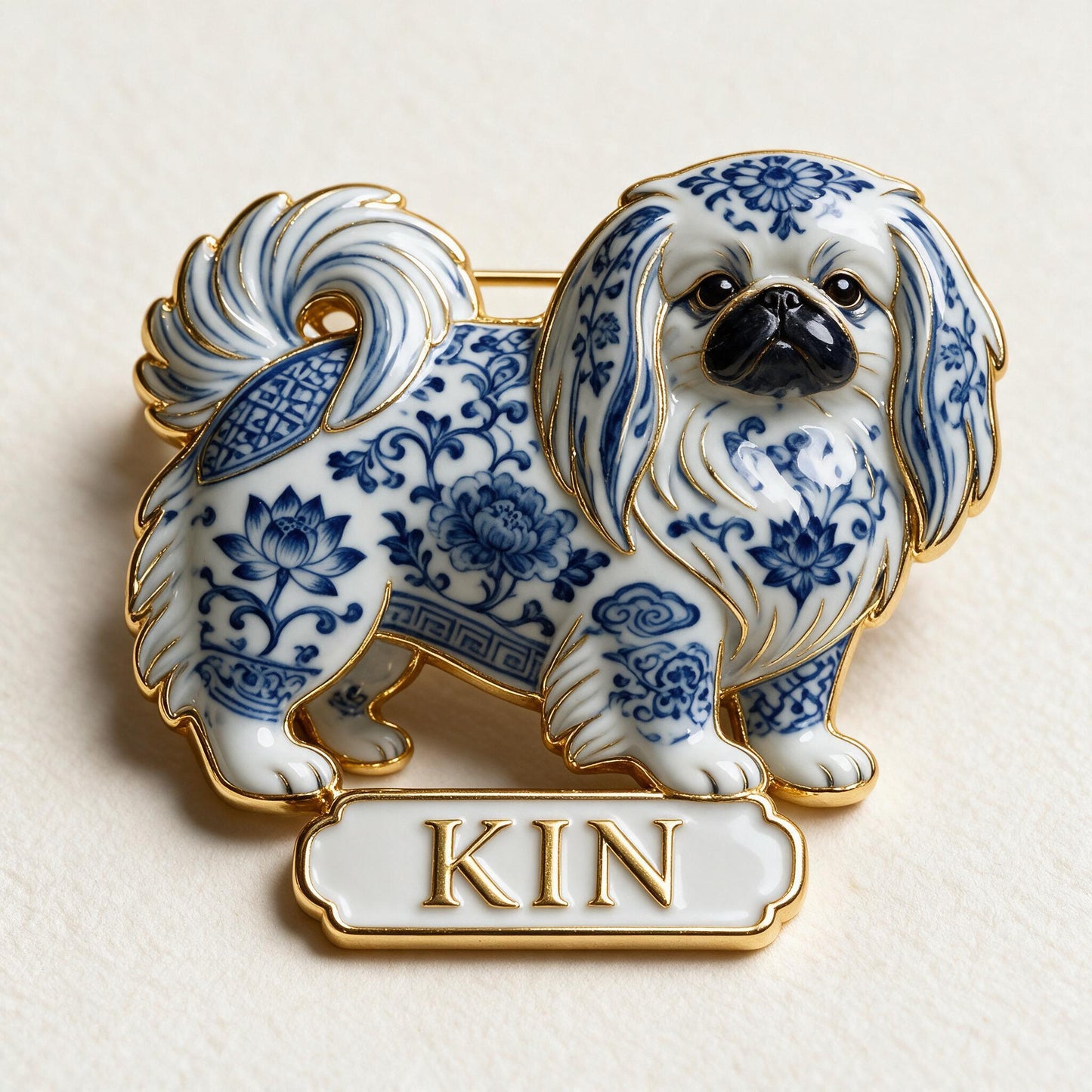 Épinglette en Émail Personnalisée Shih Tzu Porcelaine Bleu et Blanc 3D