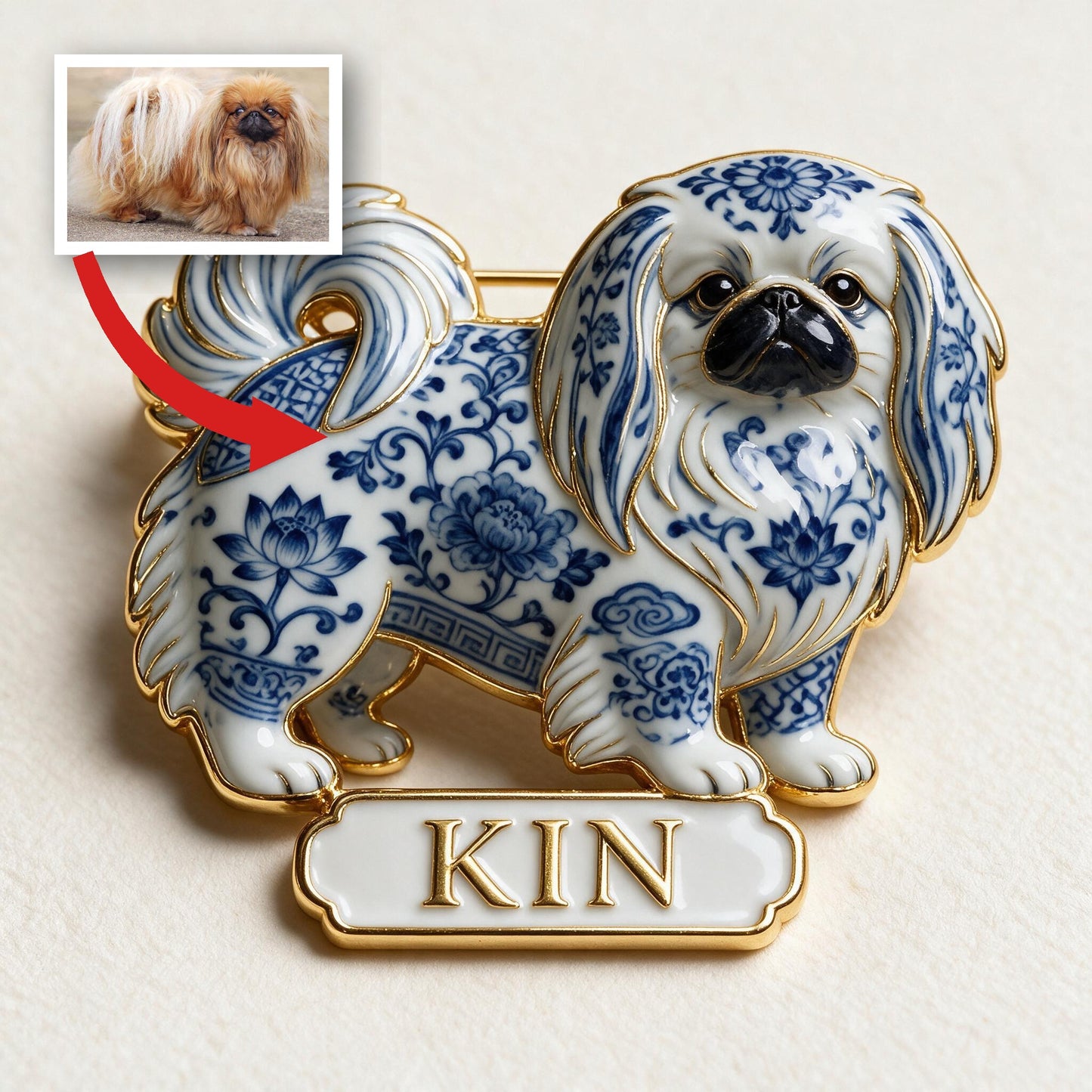 Épinglette en Émail Personnalisée Shih Tzu Porcelaine Bleu et Blanc 3D