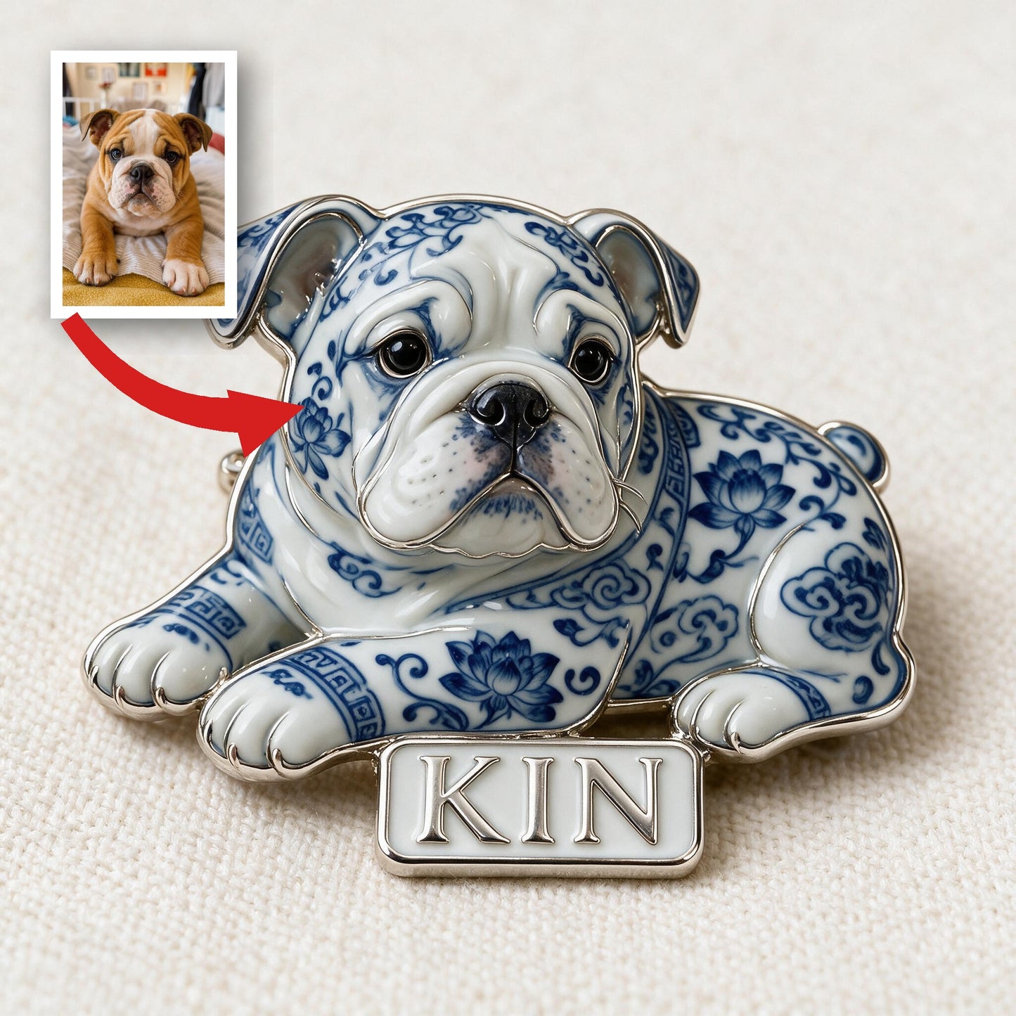 Personalisierte blaue & weiße Porzellan Bulldog 3D Relief Emaille-Anstecknadel, Geschenk für Hundeliebhaber