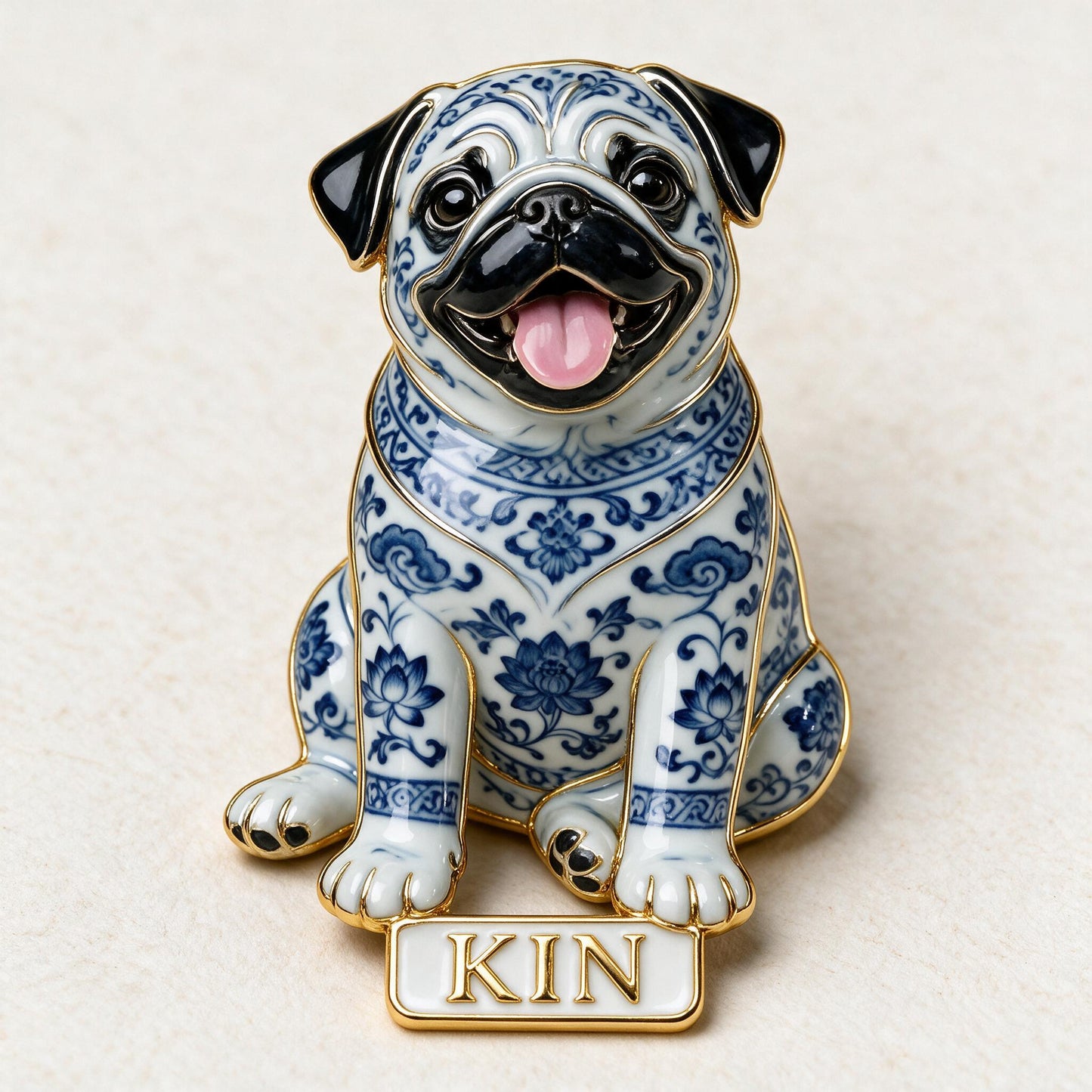 Personalisierte blaue und weiße Porzellan sitzende Mops 3D-Relief-Emaille-Nadel, süßes Geschenk für Mopsbesitzer für Jacken, Taschen und Sammlungen