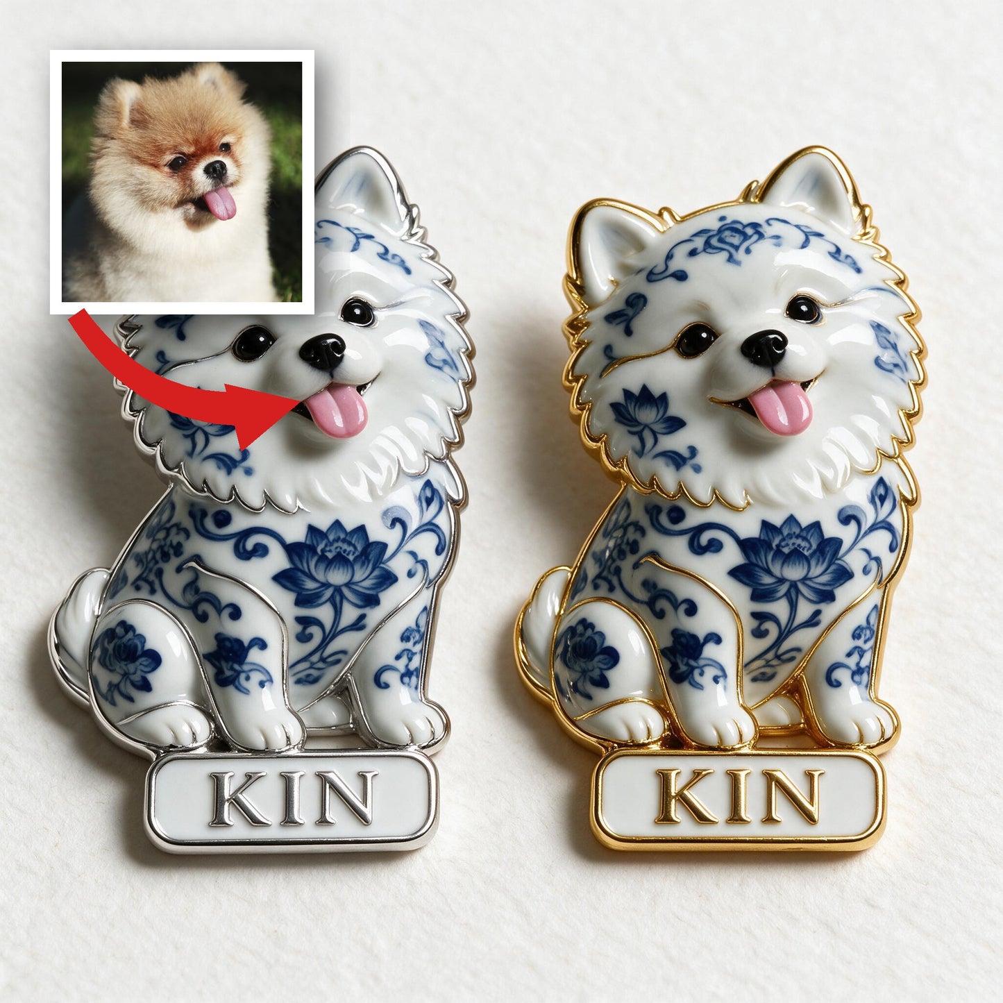 Personalized Blue and White Porcelain Fluffy Pomeranian 3D Embossed Enamel Pin, Dog Lover Gift