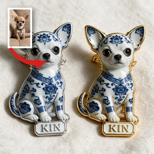 Épinglette Émaillée 3D Personnalisée Chihuahua en Porcelaine Bleu & Blanc, Cadeau Personnalisé pour Amateurs de Chihuahuas