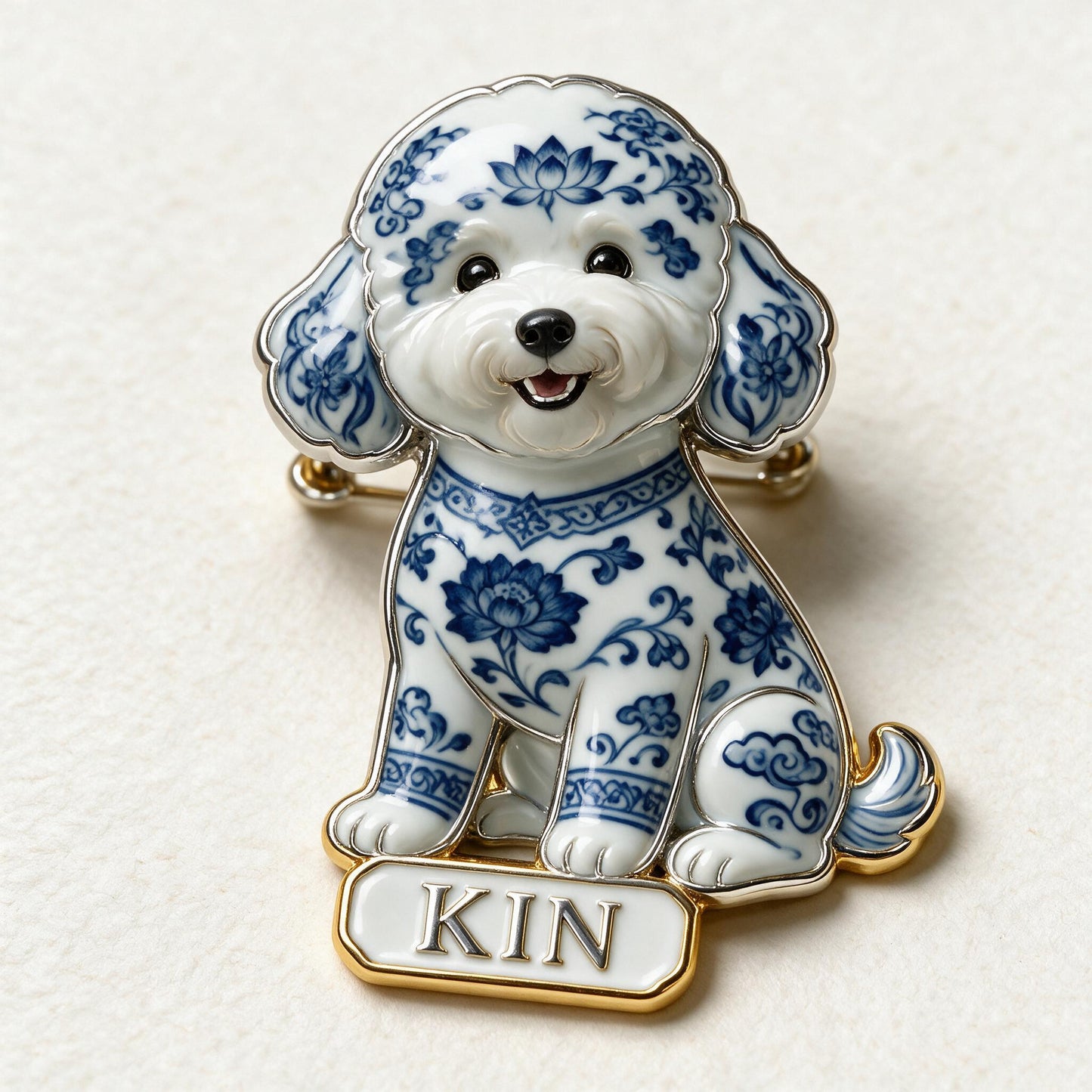 Personalisierte blaue & weiße Porzellan Pudel 3D Präge Emaille-Anstecknadel, Geschenk für Pudelbesitzer