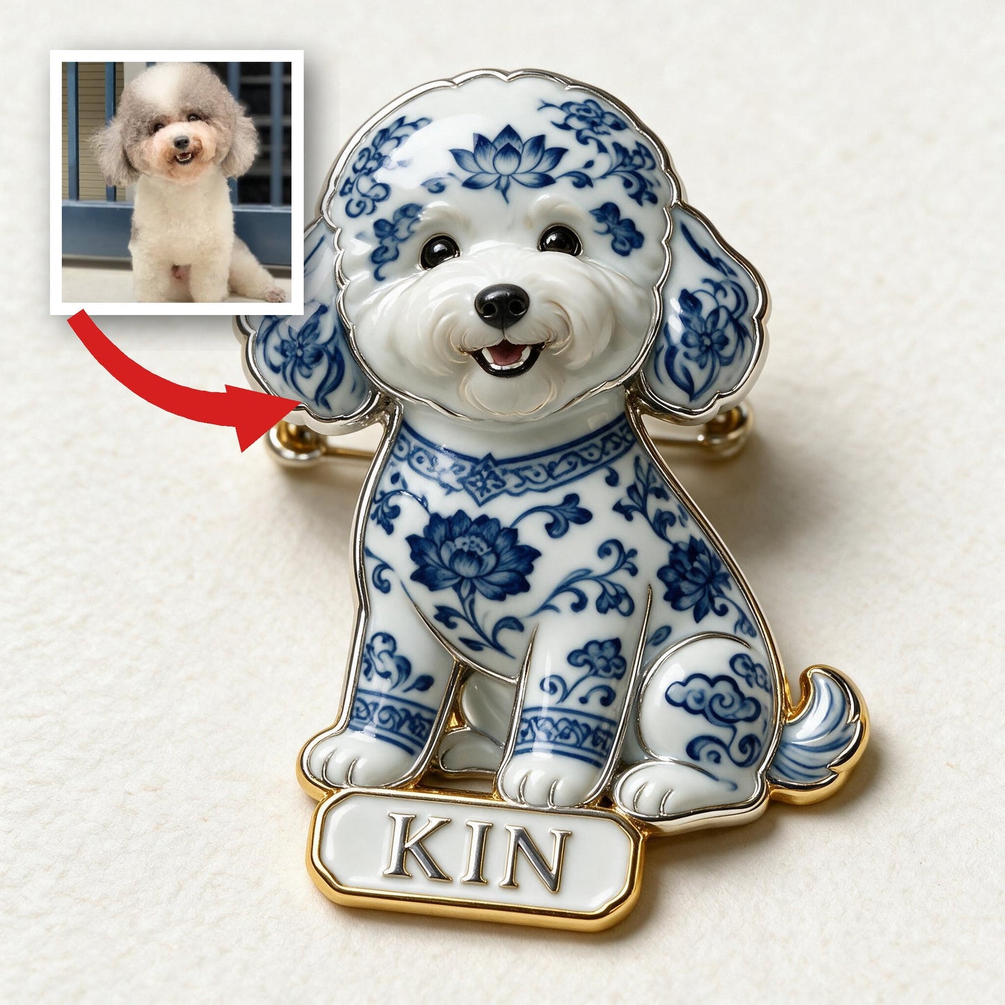 Personalisierte blaue & weiße Porzellan Pudel 3D Präge Emaille-Anstecknadel, Geschenk für Pudelbesitzer