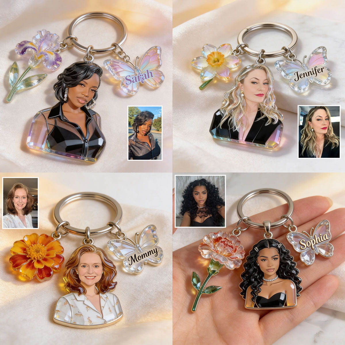 Personalized Latin Woman Portrait Acrylic Keychain Custom Name Peony Butterfly Charm Self Love Gift for Her