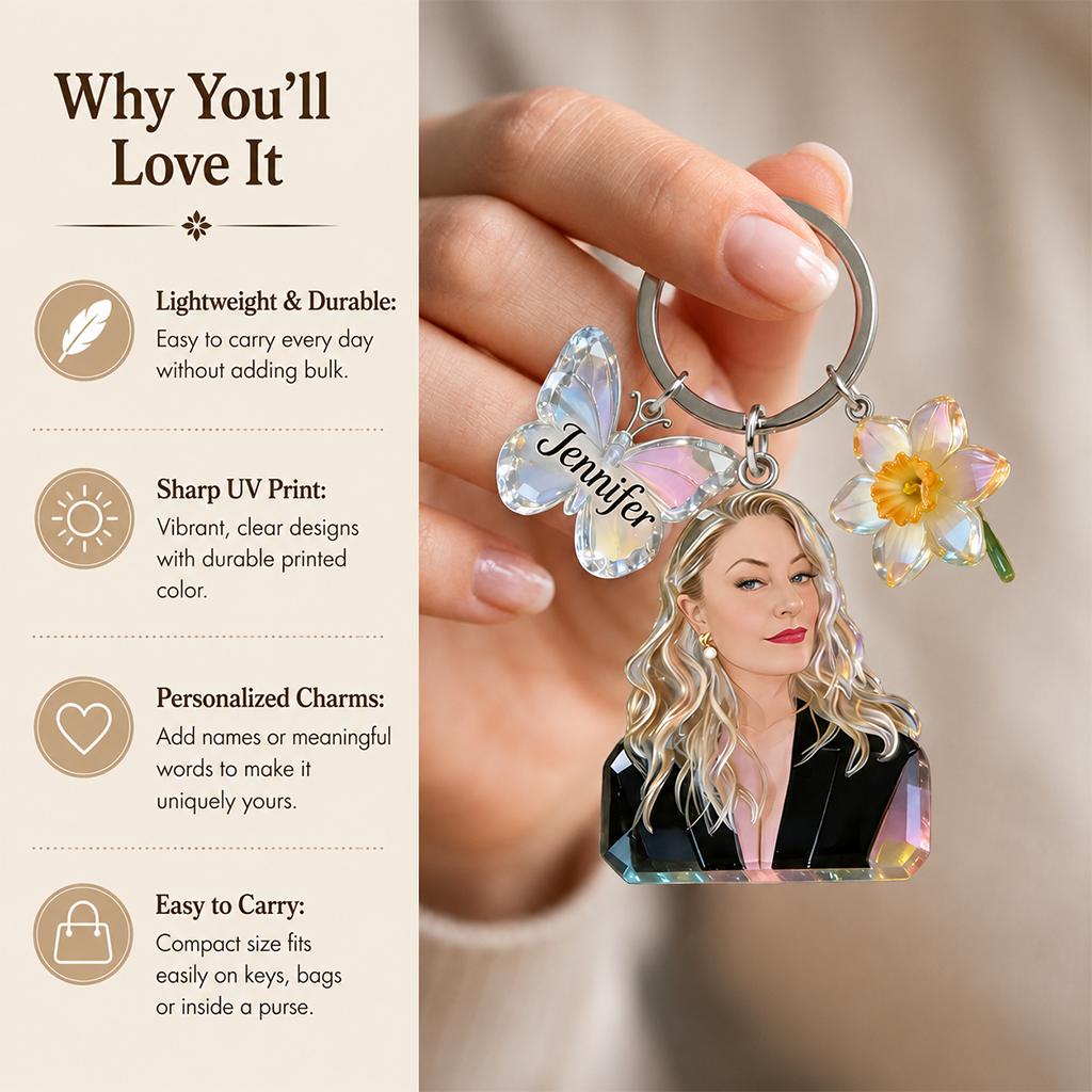 Personalized Latin Woman Portrait Acrylic Keychain Custom Name Peony Butterfly Charm Self Love Gift for Her