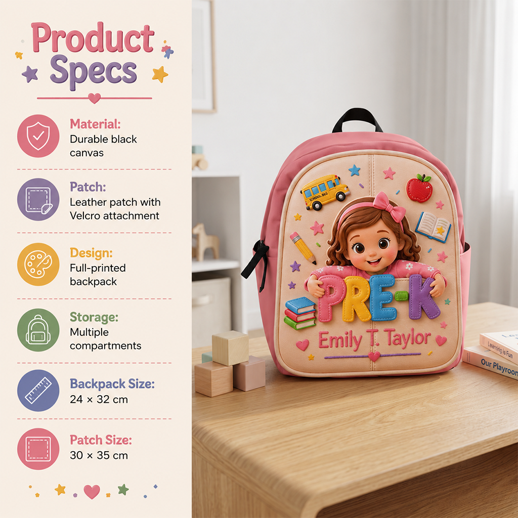Personalized 3D Little Latina Girl Pre-K Backpack Custom Leather Patch Perfect Back To School Gift For Preschool Kids