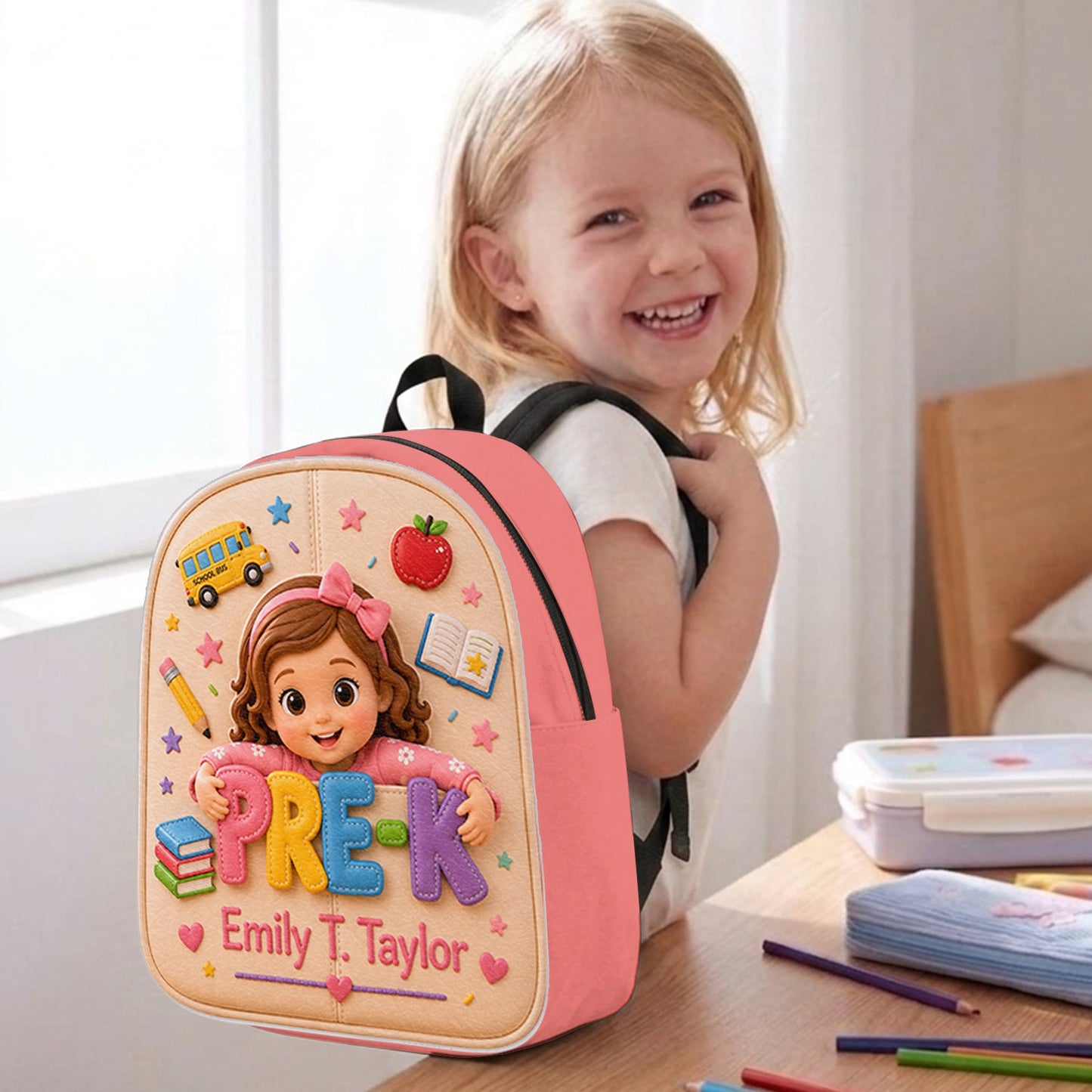 Personalized Curly Haired Little Boy Pre-K Backpack, Custom Back To School Gift for Kids, Removable Leather Patch School Bag