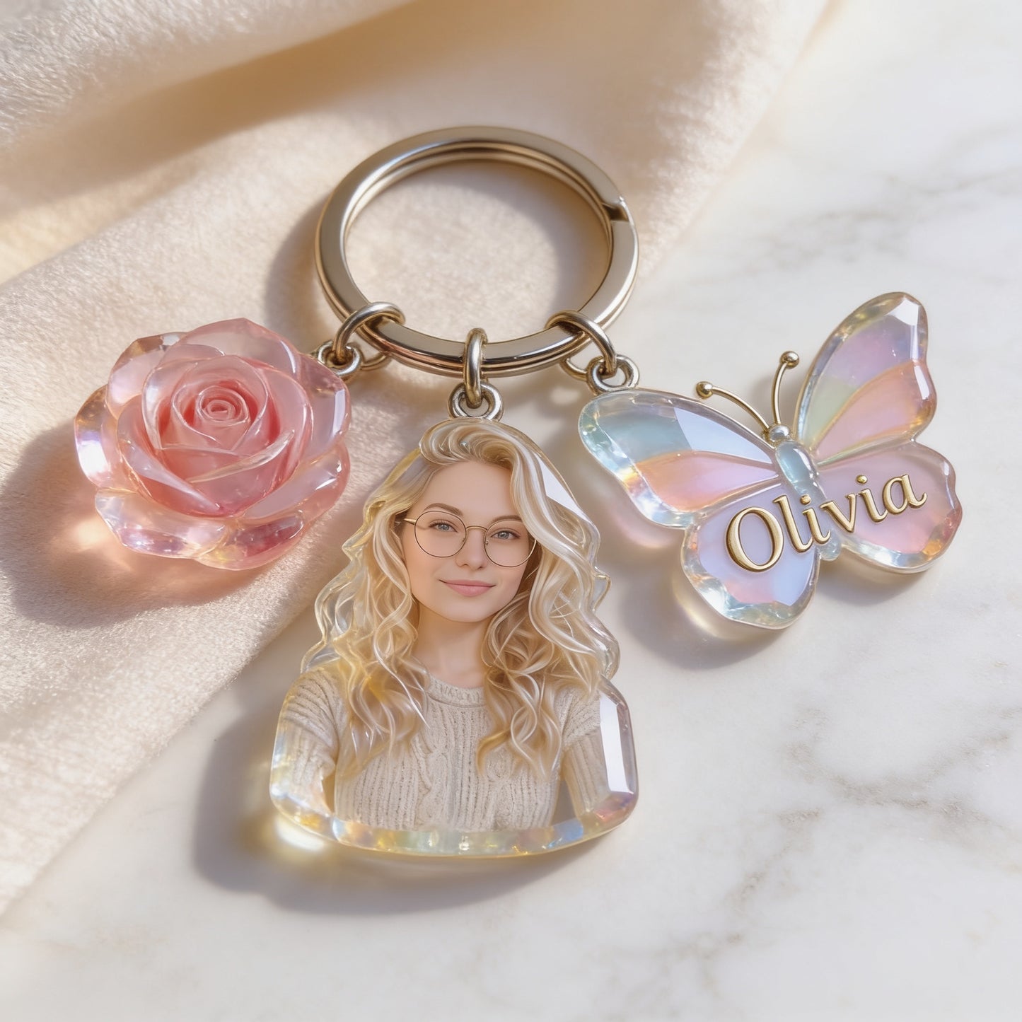 Personalized Custom Adult Woman Portrait Keychain, Custom Photo Name Rose & Butterfly Charm Self Love Gift