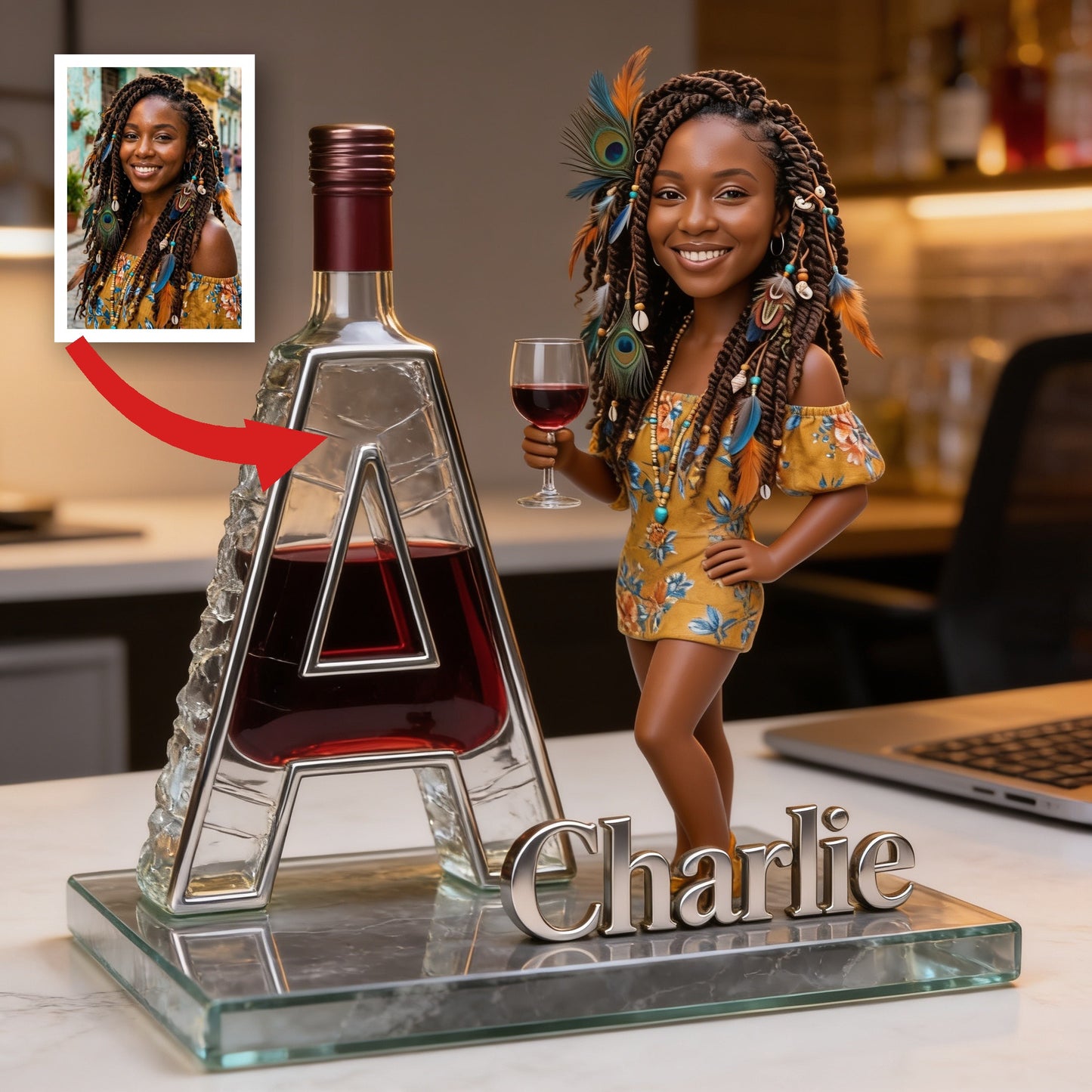 Personalized Custom Shaped Acrylic Plaque | Stylish Adult Wine Lover Black Woman with Wine Glass, Unique Bar Desk Decor Gift