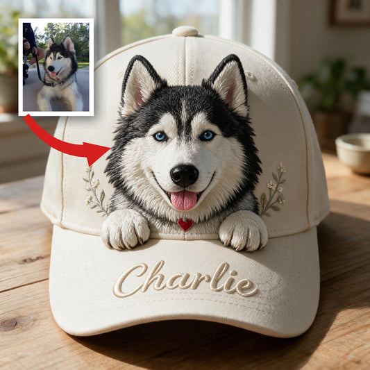 Personalized Fluffy Blue-Eyed Siberian Husky Classic Cap Custom Pet Hat Gift for Husky Lovers Outdoor Sun Protection