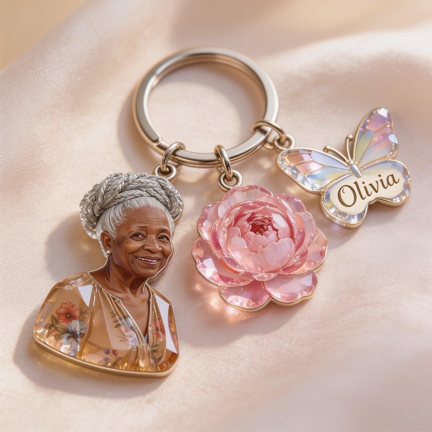 Personalized Smiling Black Grandma Portrait Keychain Custom Birth Flower Name Charm Thoughtful Grandmother Gift