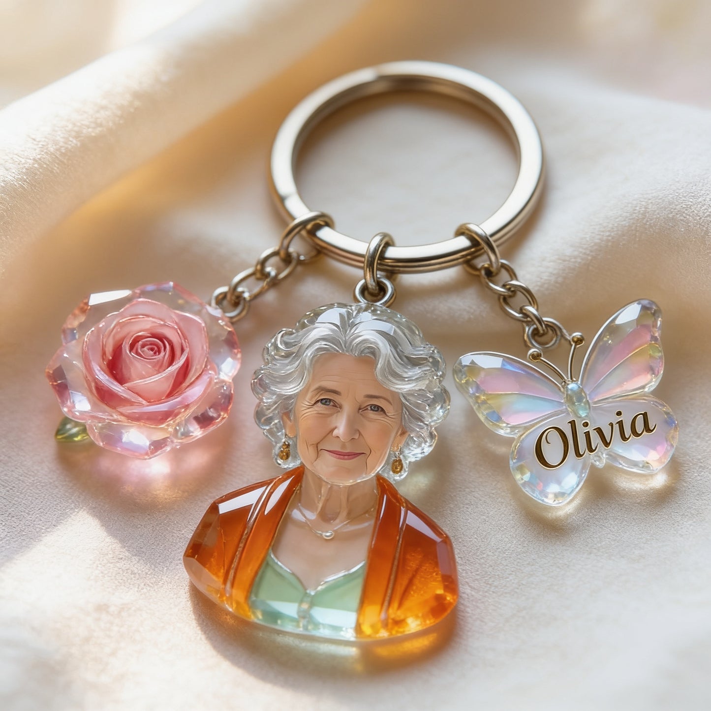 Personalized Crystal Latina Grandma Portrait Keychain - Custom Name Rose Butterfly Charm Sentimental Gift for Grandmother