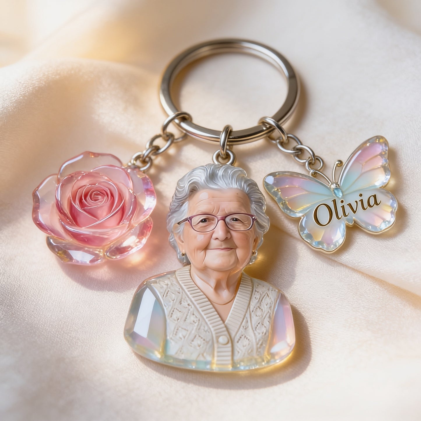 Personalized Grandma Portrait Keychain with Rose Butterfly Charms, Custom Sentimental Gift for Grandmother Keepsake