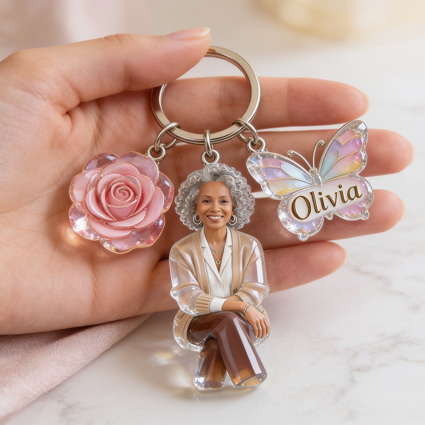 Personalized Smiling Latina Mom Portrait Acrylic Keychain with Rose & Butterfly Charms, Custom Sentimental Gift for Mom
