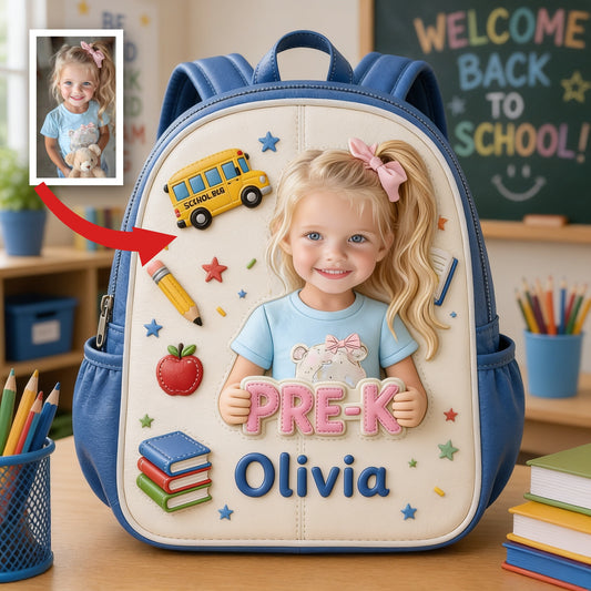 Cute Personalized Little Girl Pre-K Backpack, Custom Name Leather Patch Back to School Gift for Kids