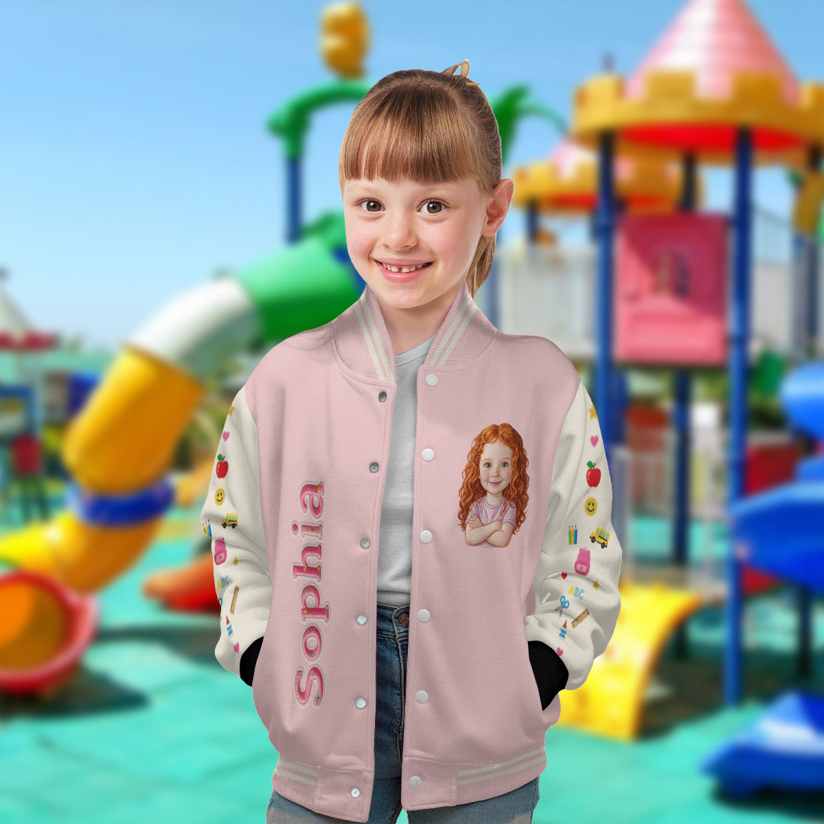 Personalized Pastel Pink Black Girl Back To School Varsity Jacket Custom Any Grade Kid Gift Outerwear