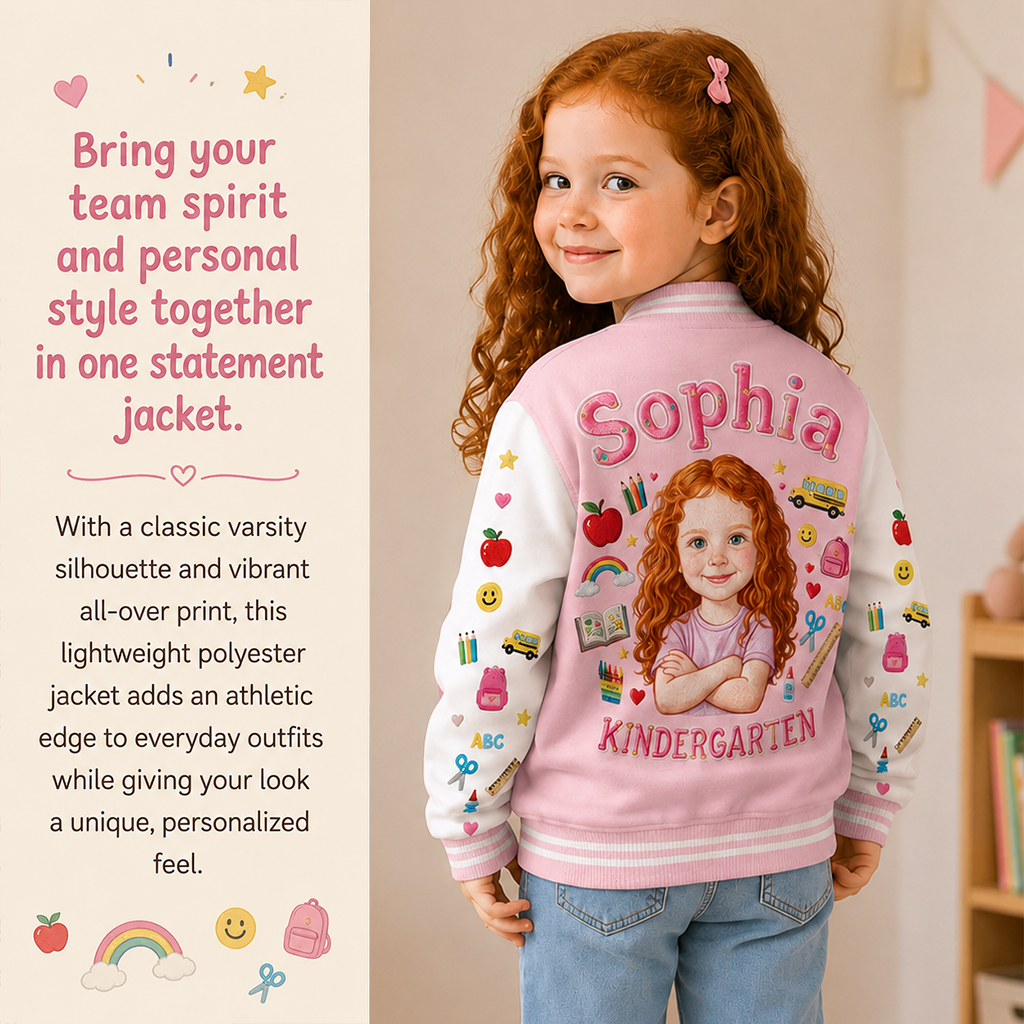 Personalized Pastel Pink Black Girl Back To School Varsity Jacket Custom Any Grade Kid Gift Outerwear