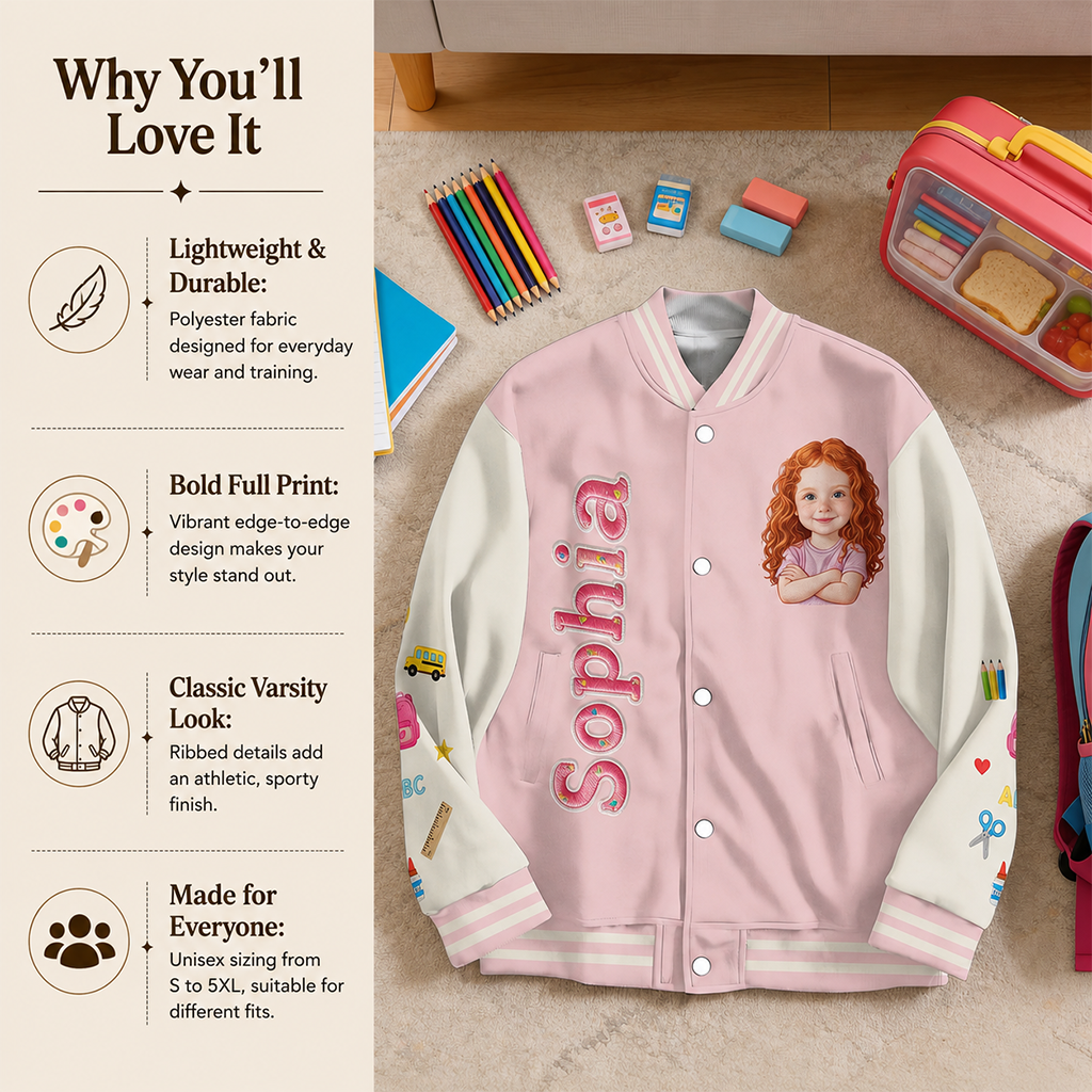 Personalized Little Boy Back To School Varsity Jacket Custom Photo, Name & Grade Embroidered Kids School Gift