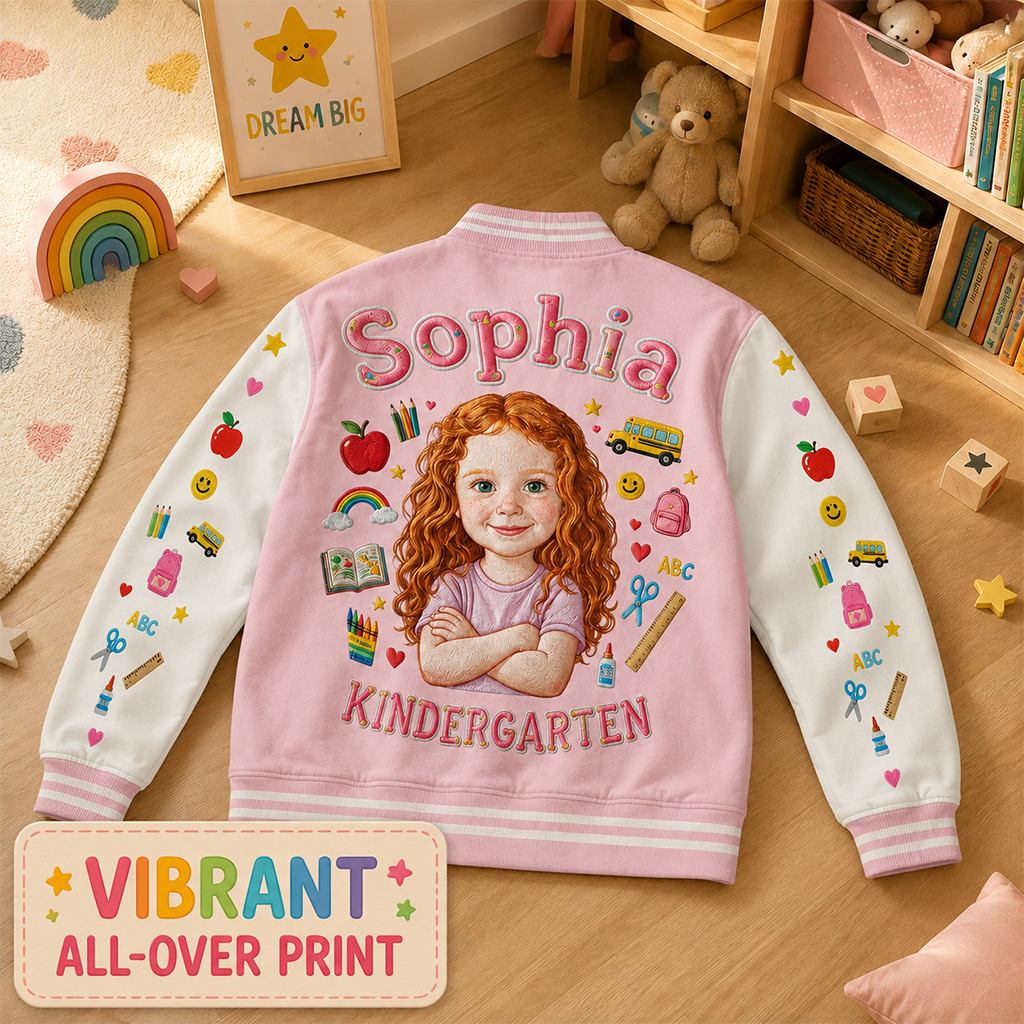 Custom Photo Latina Girl Pre-K Varsity Jacket Personalized Back To School Kid Gift Cute Pink Embroidered School Outerwear