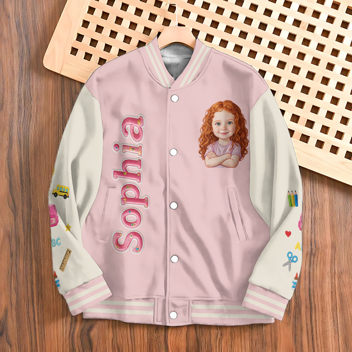 Personalized Pastel Pink Black Girl Back To School Varsity Jacket Custom Any Grade Kid Gift Outerwear