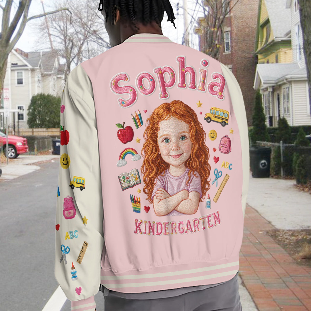Personalized Pastel Pink Black Girl Back To School Varsity Jacket Custom Any Grade Kid Gift Outerwear