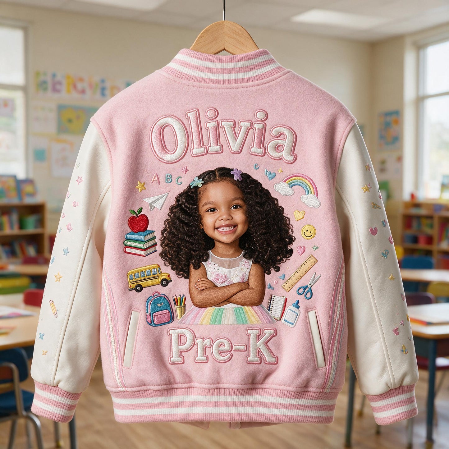 Personalized Pastel Pink Black Girl Back To School Varsity Jacket Custom Any Grade Kid Gift Outerwear