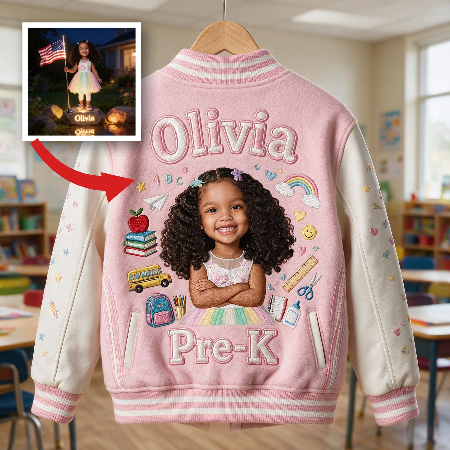 Personalized Pastel Pink Black Girl Back To School Varsity Jacket Custom Any Grade Kid Gift Outerwear