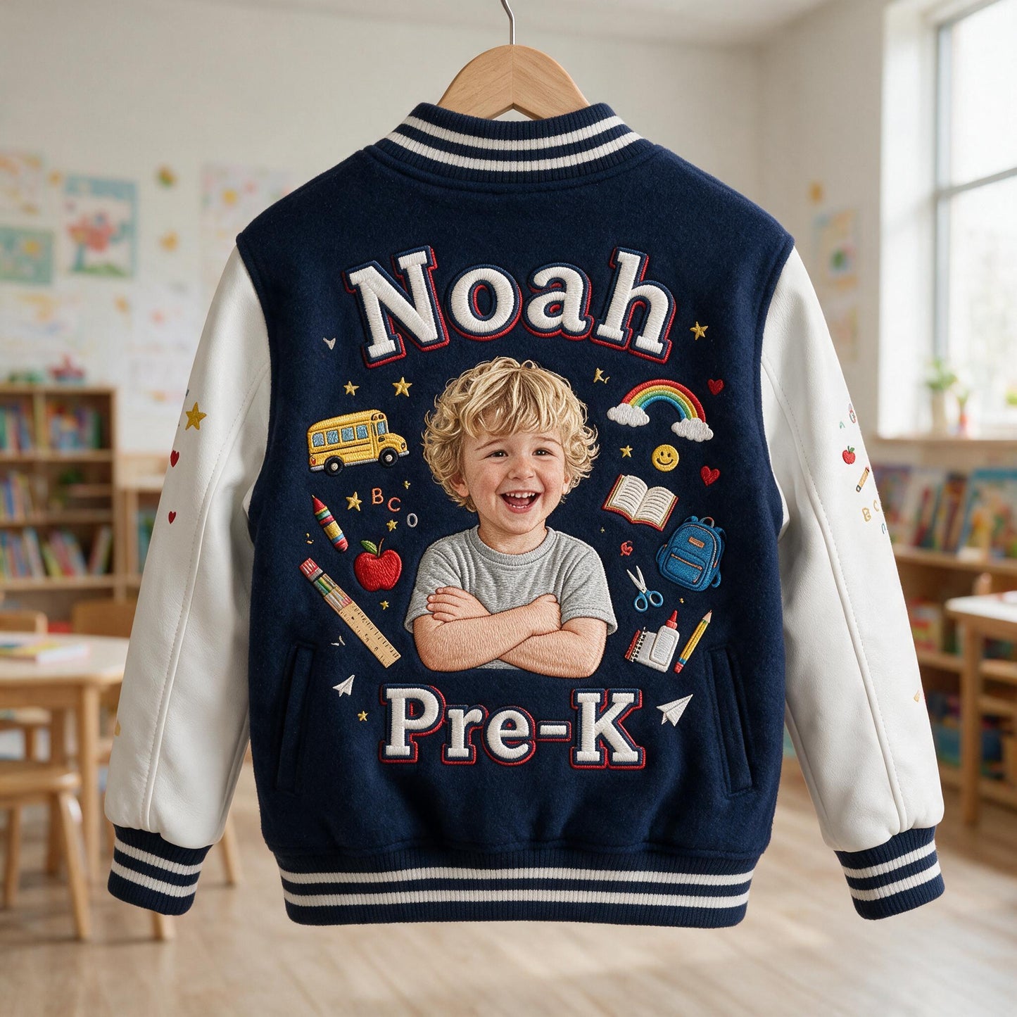 Personalized Little Boy Back To School Varsity Jacket Custom Photo Name Pre-K First Day Kid Gift Outfit