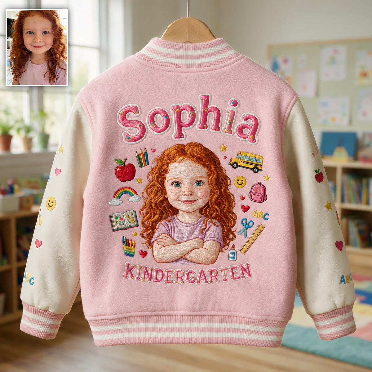 Personalized Little Boy Back To School Varsity Jacket Custom Photo Name Pre-K First Day Kid Gift Outfit