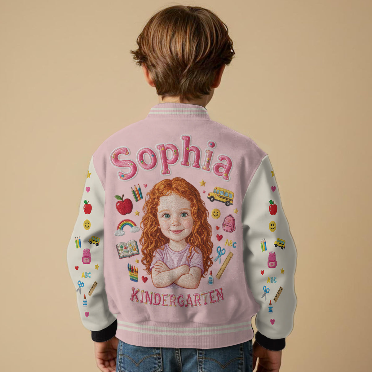 Personalized Little Boy Back To School Varsity Jacket Custom Photo Name Pre-K First Day Kid Gift Outfit