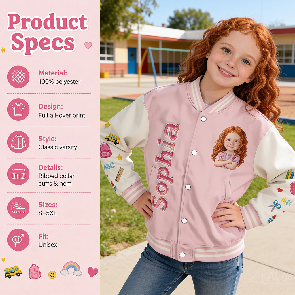 Personalized Little Boy Back To School Varsity Jacket Custom Photo Name Pre-K First Day Kid Gift Outfit