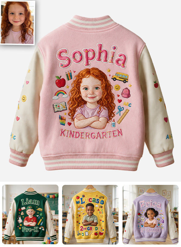 Personalized Little Boy Back To School Varsity Jacket Custom Photo Name Pre-K First Day Kid Gift Outfit