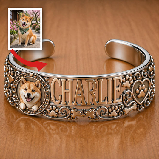 Personalized Smiling Tan Shiba Inu Cuff Bracelet Custom Name Jewelry Gift for Shiba Dog Lovers