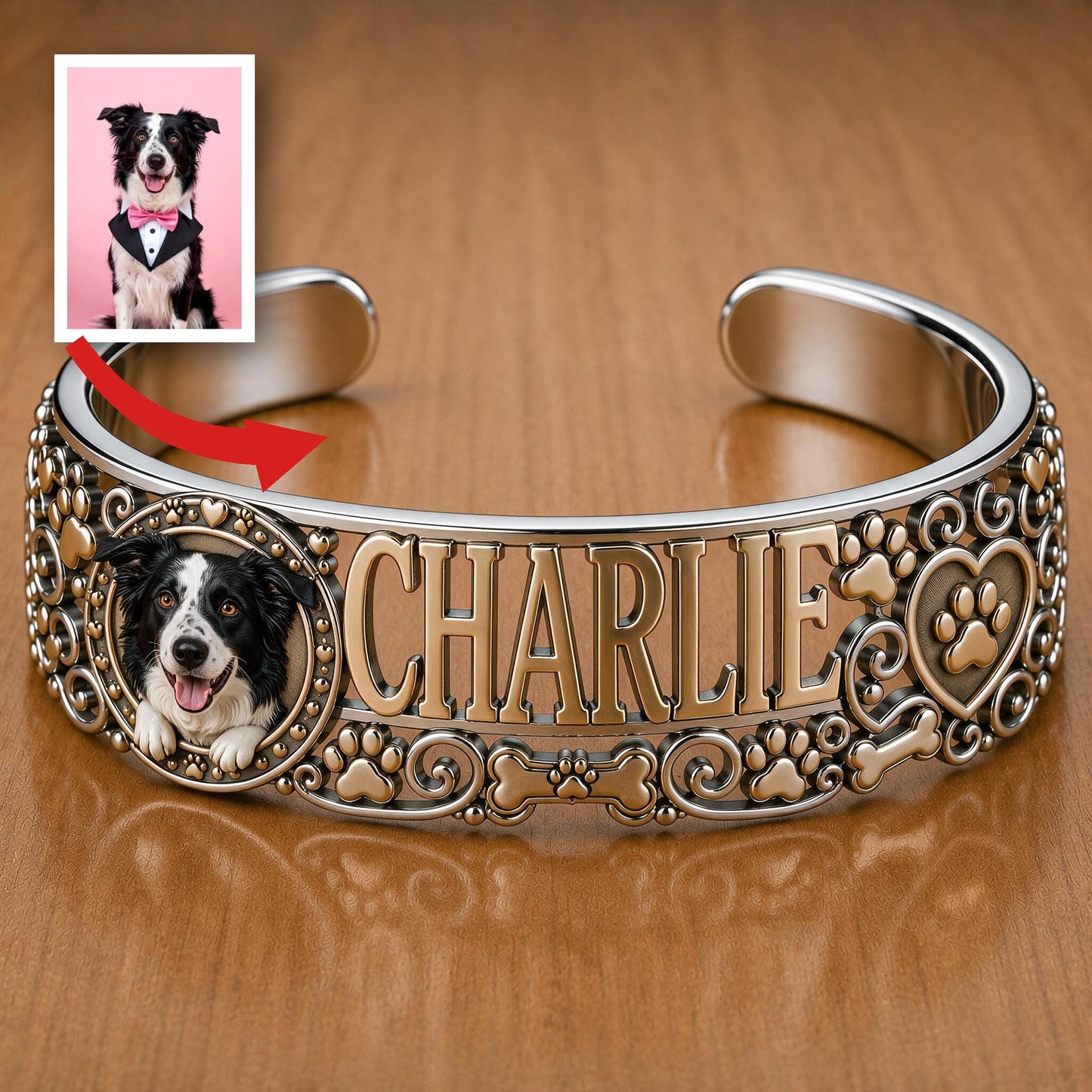 Personalized Black and White Border Collie Cuff Bracelet | Custom Dog Lover Gift for Border Collie Pet Owners