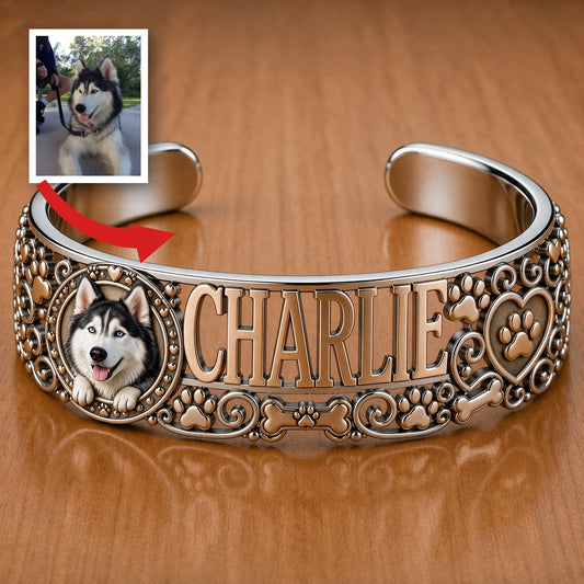 Personalized Siberian Husky Cuff Bracelet - Custom Name Jewelry Gift for Husky Lovers and Proud Dog Moms