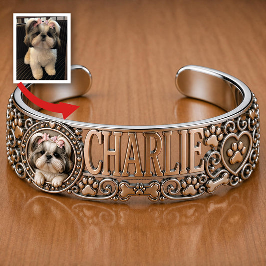 Personalized Cute Shih Tzu Dog Cuff Bracelet - Custom Name Jewelry Gift for Shih Tzu Owners, Dog Moms and Pet Lovers