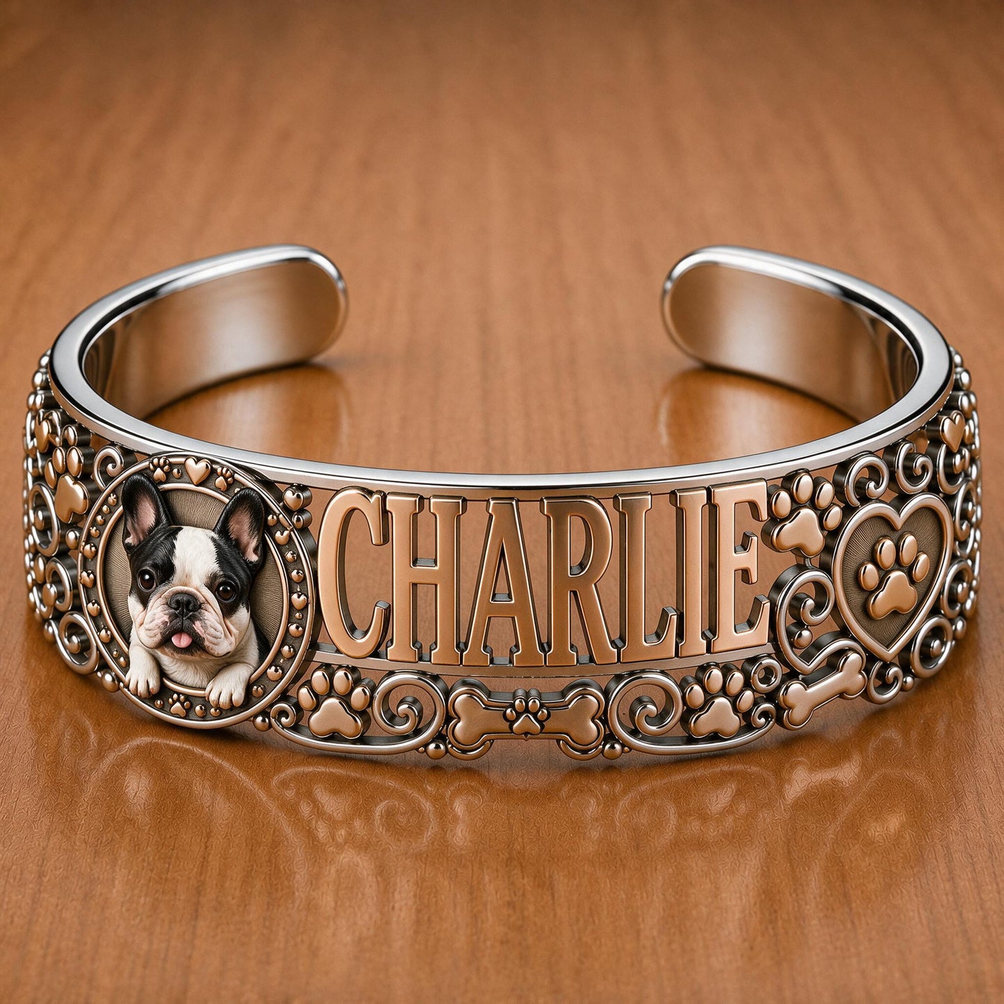 Personalized French Bulldog Cuff Bracelet Custom Name Jewelry Gift for Frenchie Dog Lovers