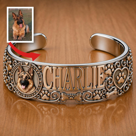 Personalized German Shepherd Custom Name Cuff Bracelet - I Love My Dog Pet Owner Jewelry Gift