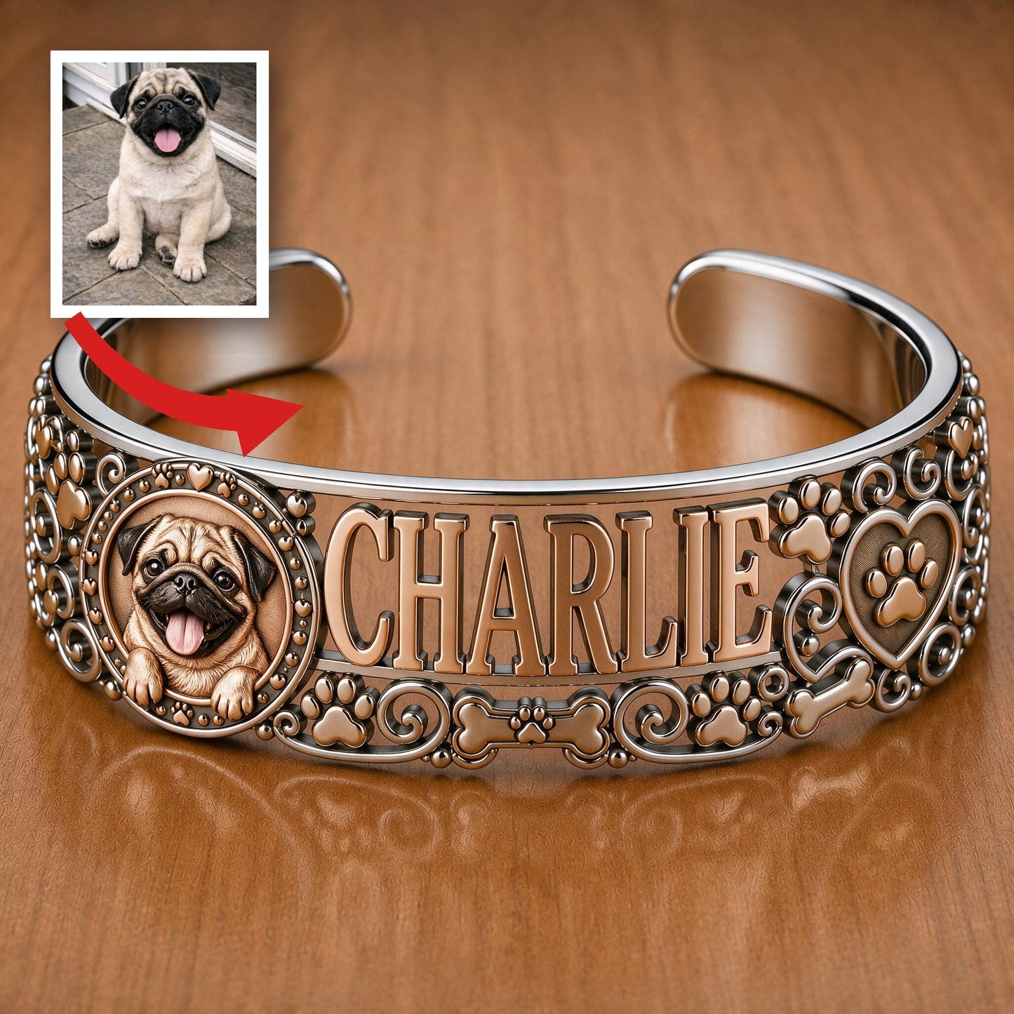 Personalized Cute Smiling Fawn Pug Cuff Bracelet Custom Name Jewelry Gift for Pug Lover Dog Mom Pet Owner